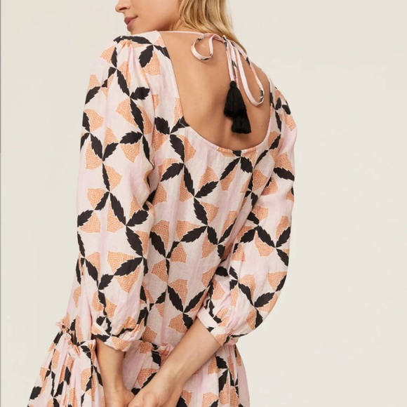 The Odells Lyla Geometric Floral Print Puff Sleeve Square Neck Linen Midi Dress - Picture 3 of 11